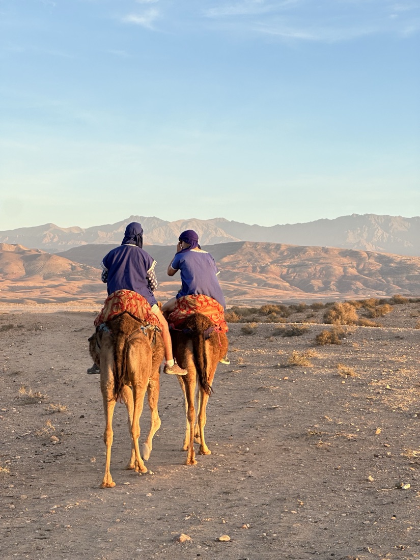 Two people riding camels in the desert at sunset